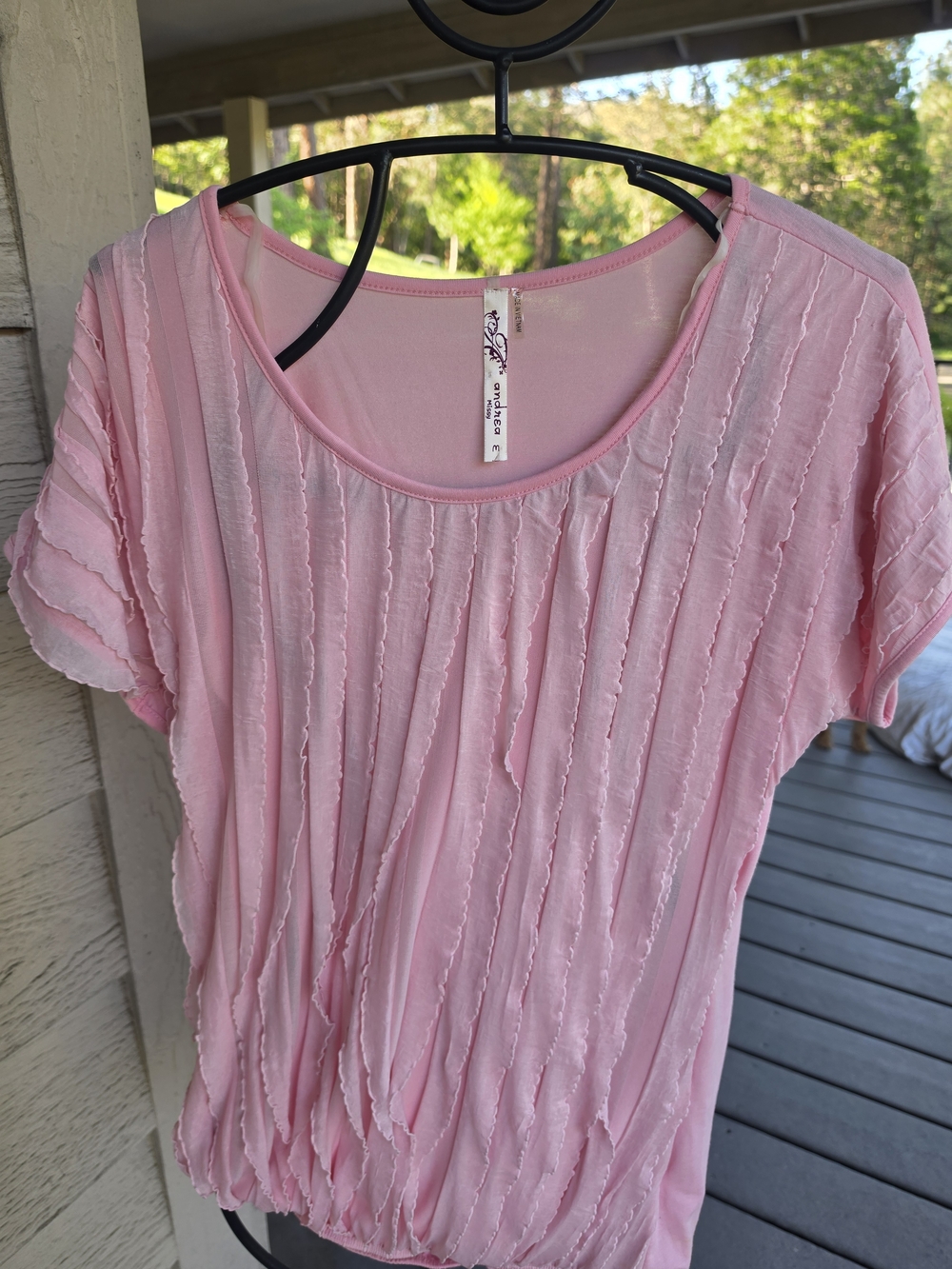 ANDREA FENZI Pale Pink Short Sleeve Ruffled Stripe Top